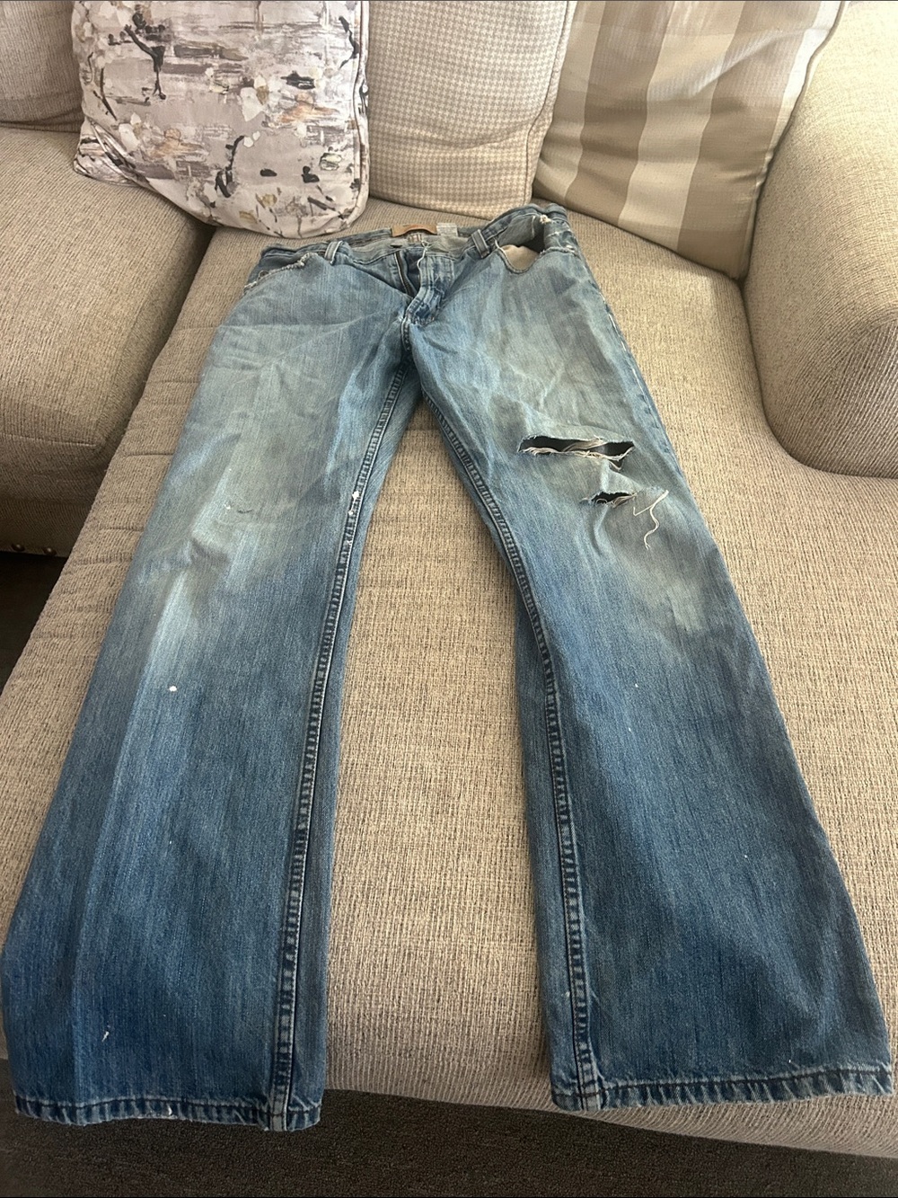 Old Navy Men's Medium Blue Bootcut Jeans with Distressed Detail